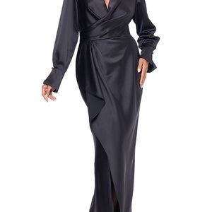 Xscape Black Satin Long Sleeve Dress